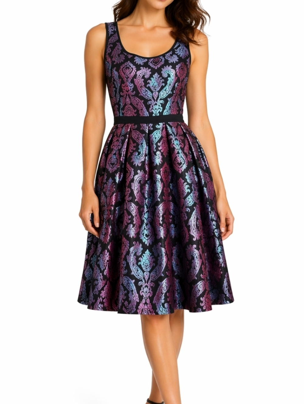 Frock Shop Jewel Tone Damask Jacquard Paisley Scoop Neck Fit and Flare D…